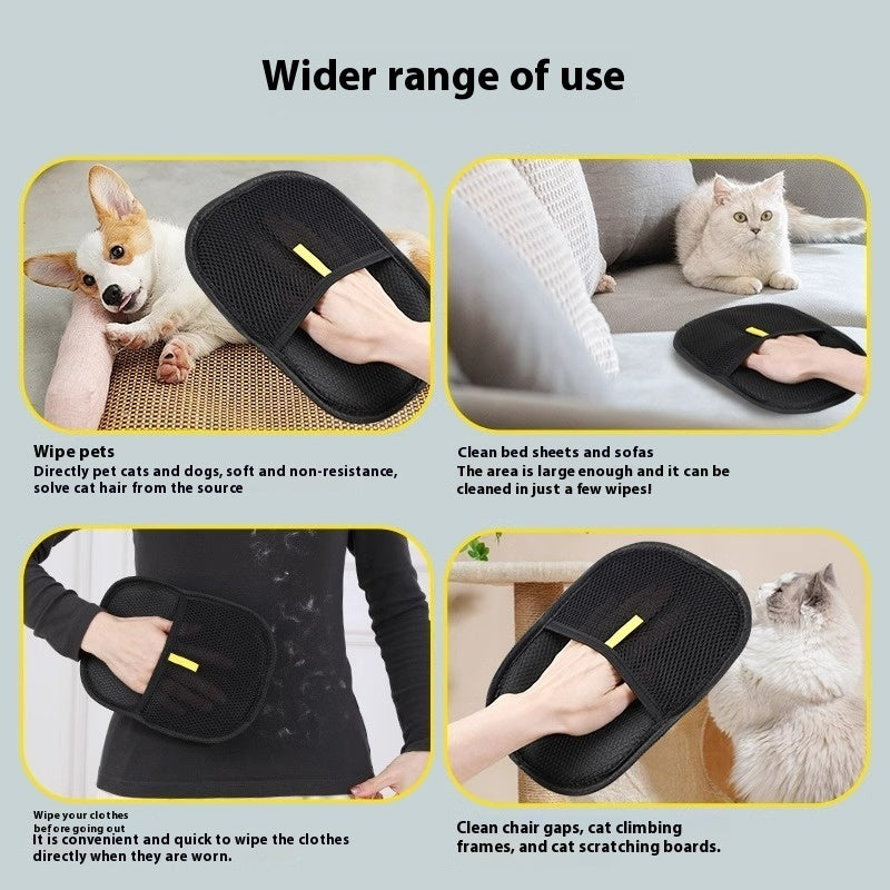 A four-panel promotional graphic showing a black pet hair remover wipe being used on a dog, a cat, a person's clothing, and furniture. The text reads 'Wider range of use' and describes cleaning pets, beds, sofas, clothes, and chair gaps.