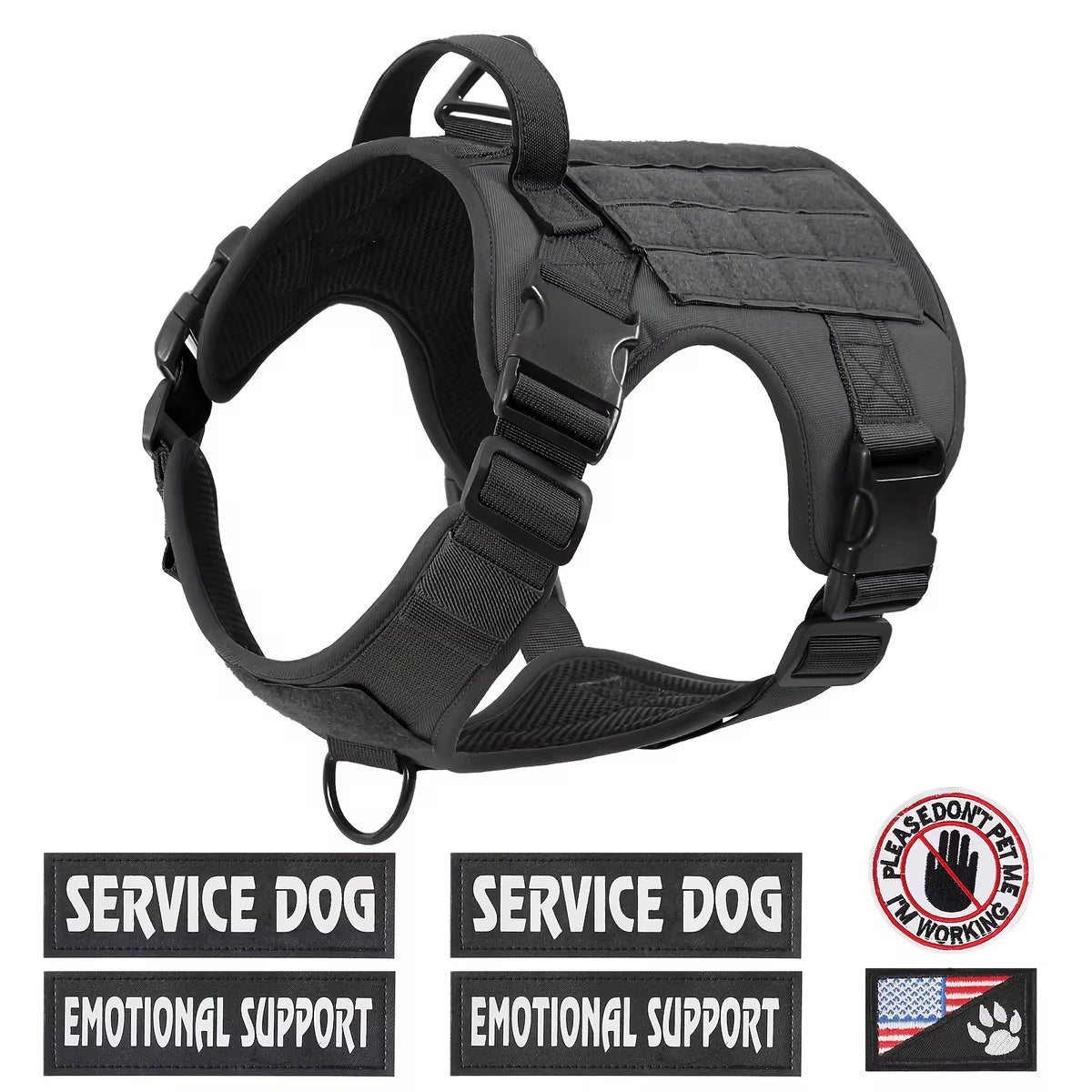 Black tactical dog harness with service dog patches on a white background