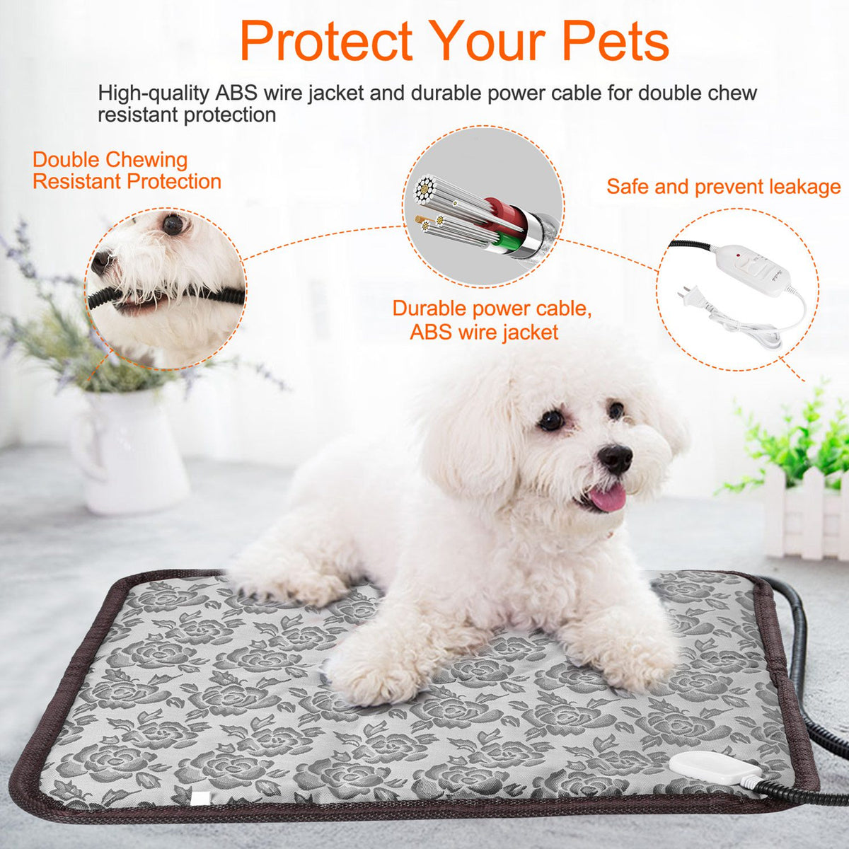 Dog lying on a heating pad with text about pet protection features.