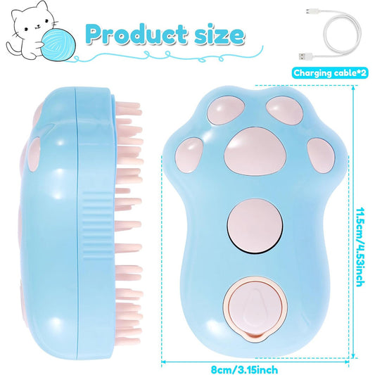 A light blue and pink pet grooming brush shown from front and side views on a white background, with text indicating product size and a charging cable included.
