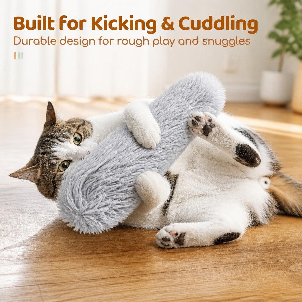 A calico cat lies on a wooden floor playfully wrestling with a long, fuzzy gray plush toy. Text at the top reads, 'Built for Kicking & Cuddling' and 'Durable design for rough play and snuggles.