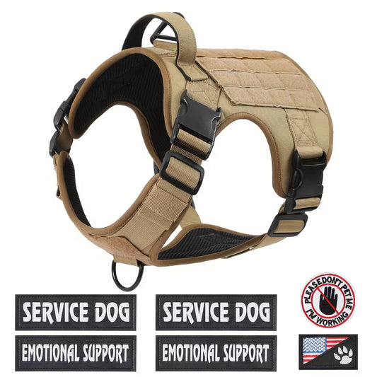 Tan dog harness with black straps on a white background, featuring 'Service Dog' and 'Emotional Support' patches.