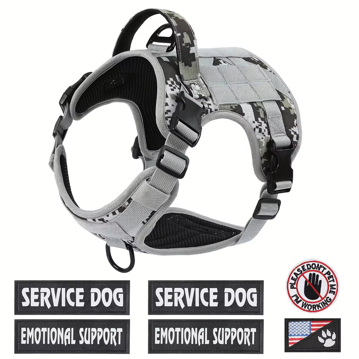 Camouflage dog harness with 'Service Dog' and 'Emotional Support' patches on a white background