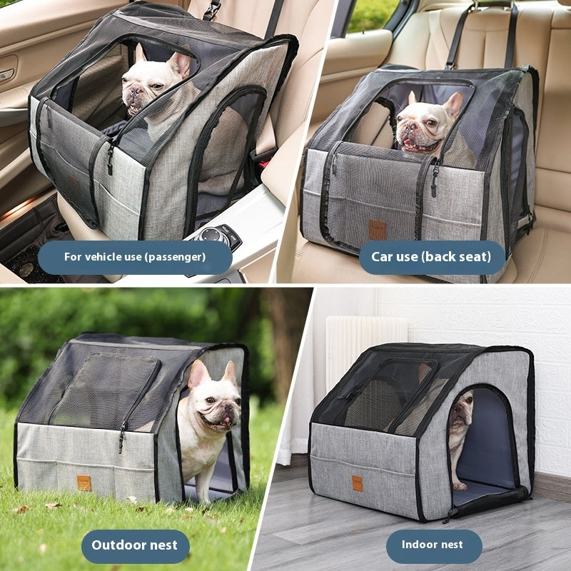 A pet car seat carrier shown in four usage scenarios: in a vehicle passenger seat, in a car back seat, outdoors on grass, and indoors on a floor. The carrier is gray and black with mesh windows, and a French bulldog is visible in some panels.