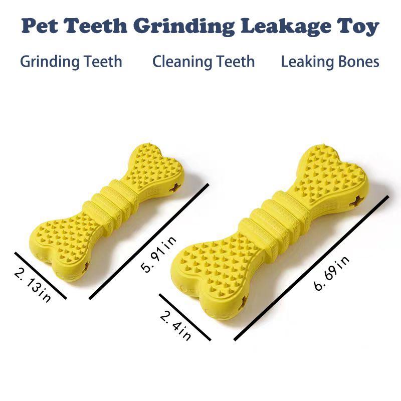 Yellow bone-shaped pet teeth grinding leakage toy with measurements on a white background