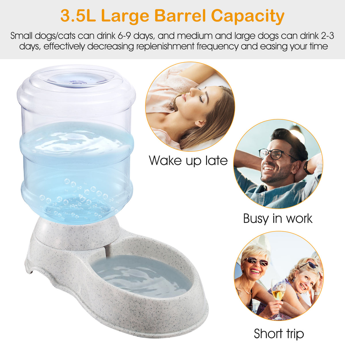 Pet water dispenser with text about capacity and usage scenarios on a white background