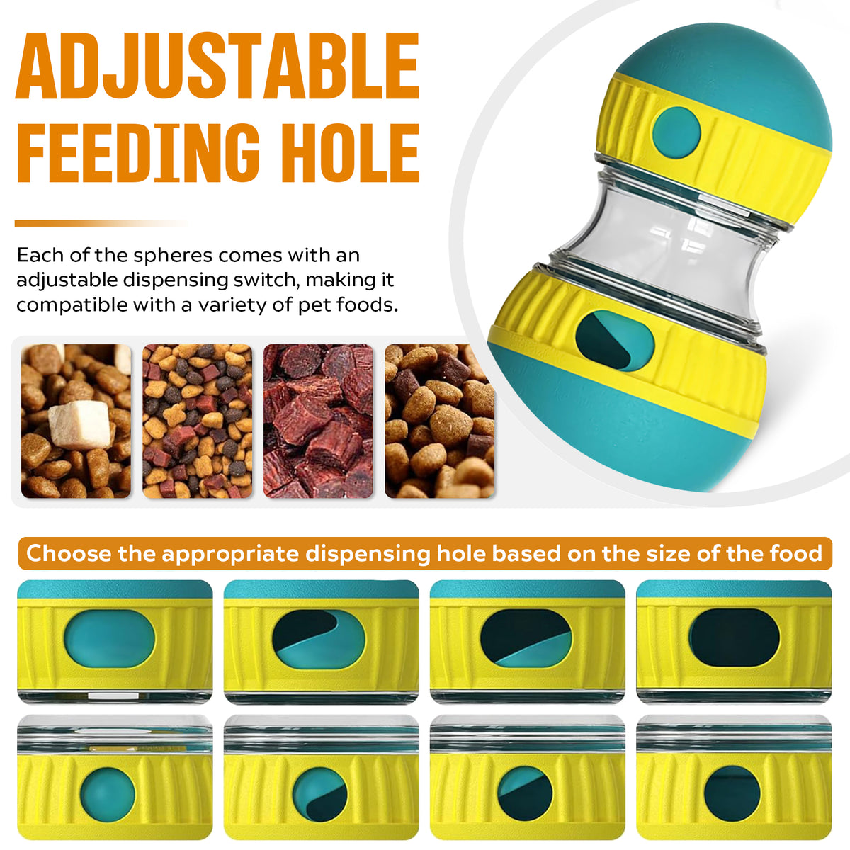 Pet food dispenser with adjustable feeding hole and compatibility with various pet foods.