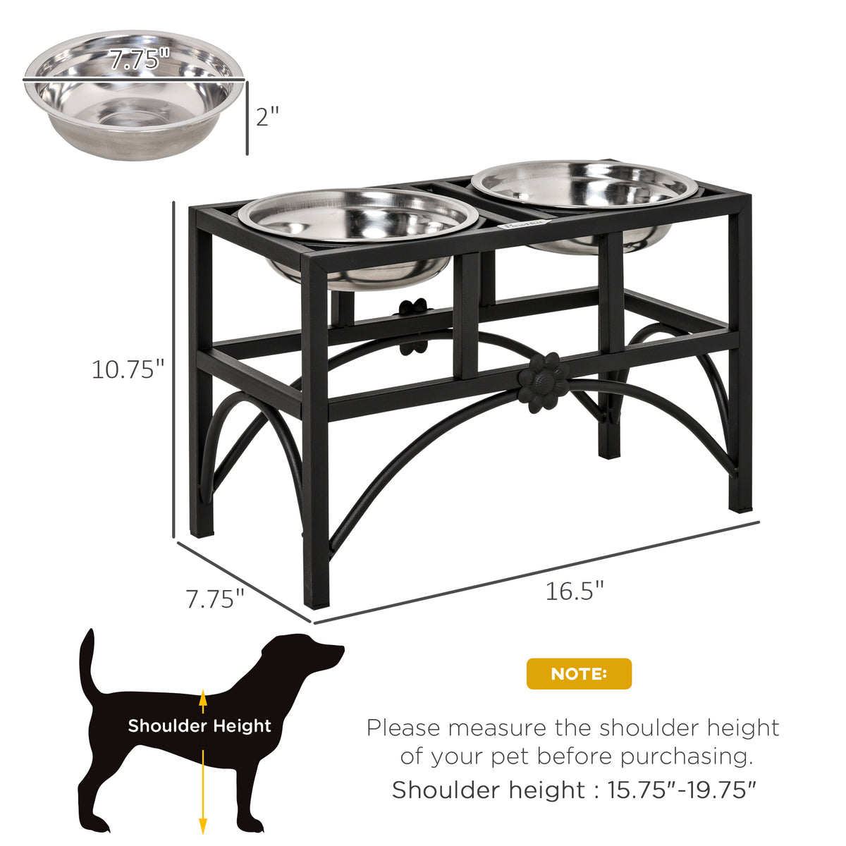 Pet feeding station with three bowls on a white background, featuring dimensions and a dog silhouette for reference.