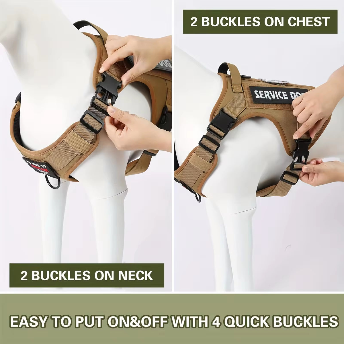 Brown dog harness with buckles on chest and neck, being put on a person.