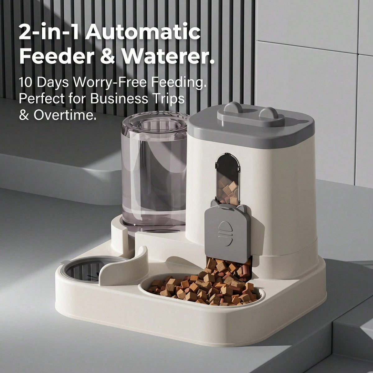 2-in-1 automatic feeder and waterer on a gray surface with text highlighting its features.