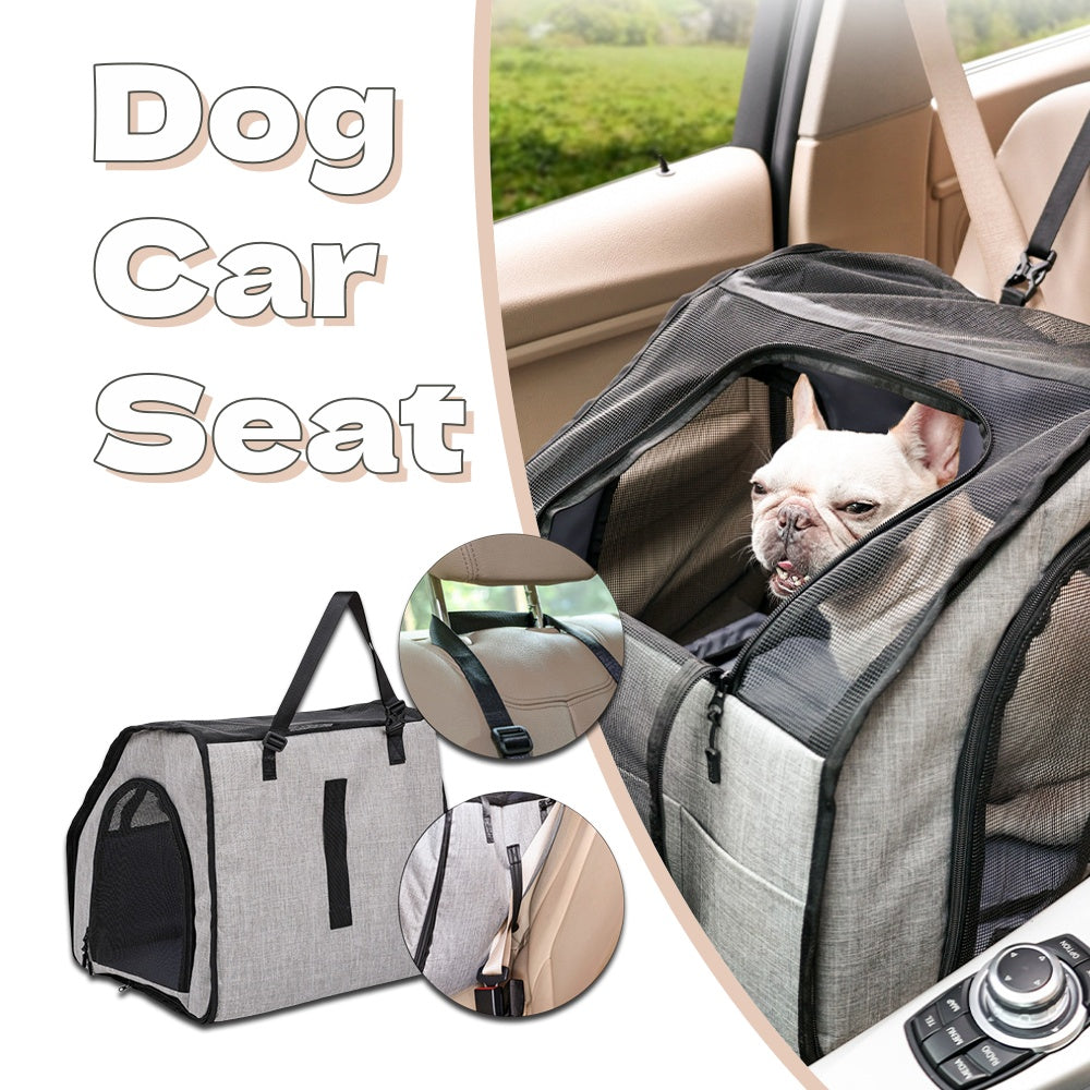 Dog car seat with a dog inside, shown in a car and on a white background.