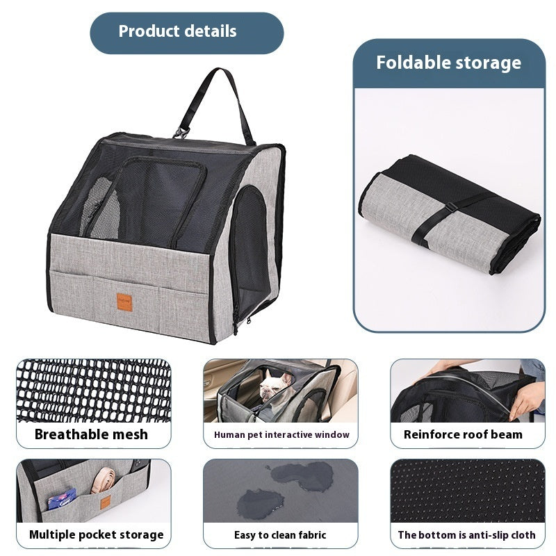 Pet carrier with multiple features highlighted on a white background