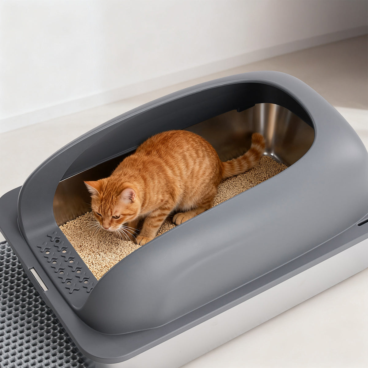 Cat using a modern litter box on a light-colored floor.