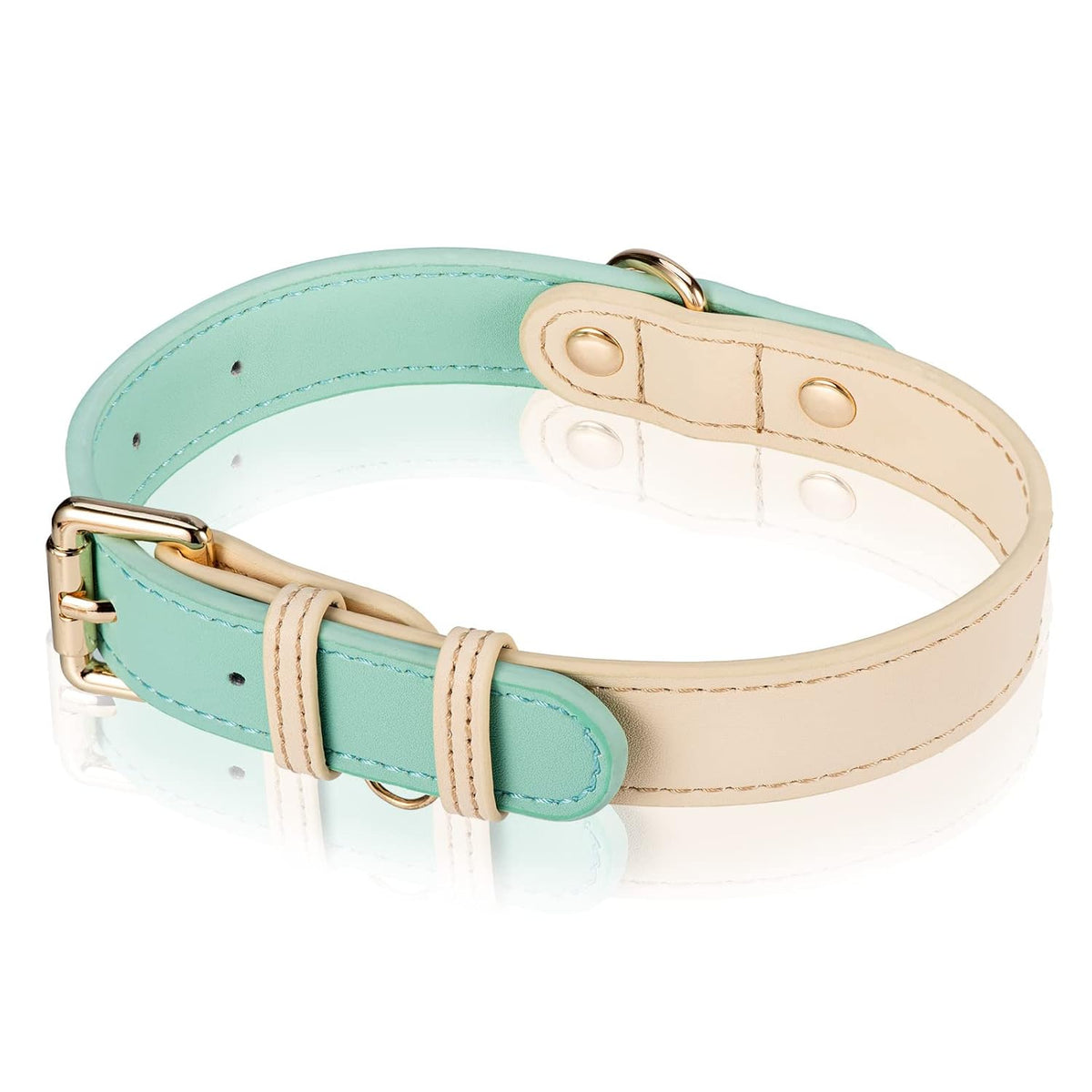 Two-tone mint green and beige leather dog collar on a white background