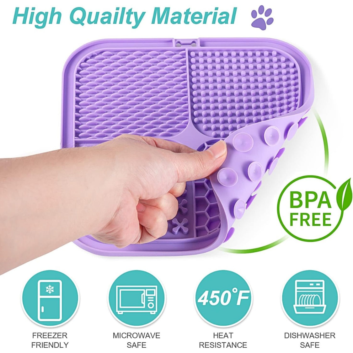 Purple silicone mat held by a hand with product features highlighted on a white background