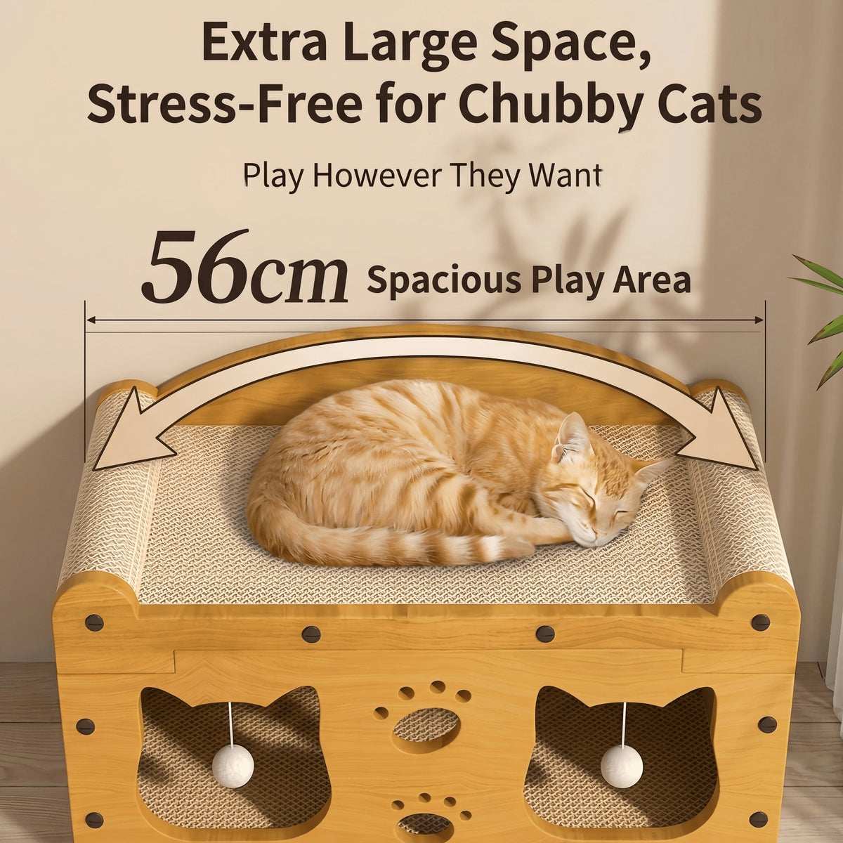 Wooden cat play area with a cat sleeping on it, labeled as extra large space for chubby cats.