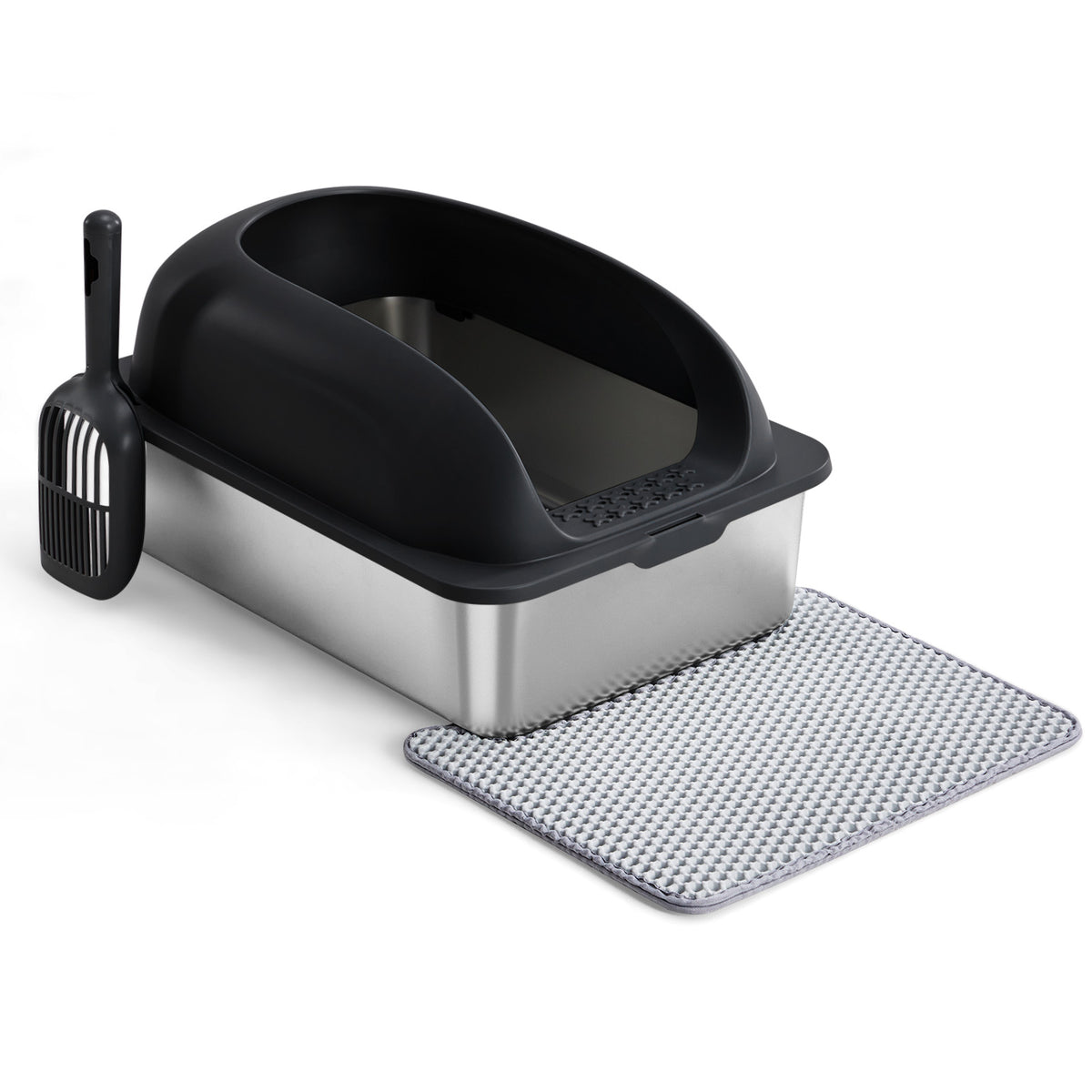 A stainless steel and black cat litter box set with a black scoop and a gray textured mat, shown on a clean white background.