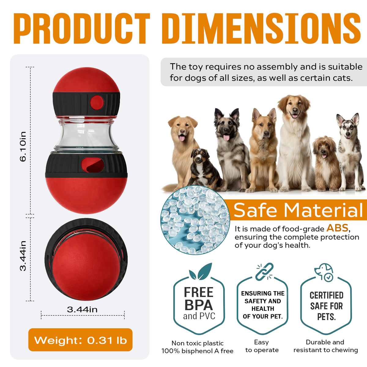Product dimensions of a red and black toy with safety features and images of dogs.