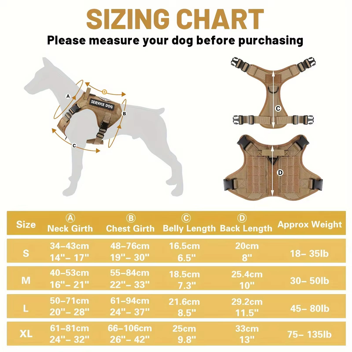 Dog harness sizing chart with measurements and a white dog silhouette.