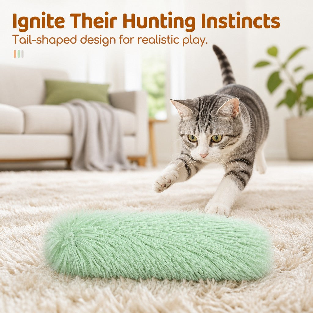 A gray tabby cat is shown in a real living room setting, reaching toward a fluffy mint green cylindrical toy on a cream rug. Text at the top reads, 'Ignite Their Hunting Instincts' and 'Tail-shaped design for realistic play.