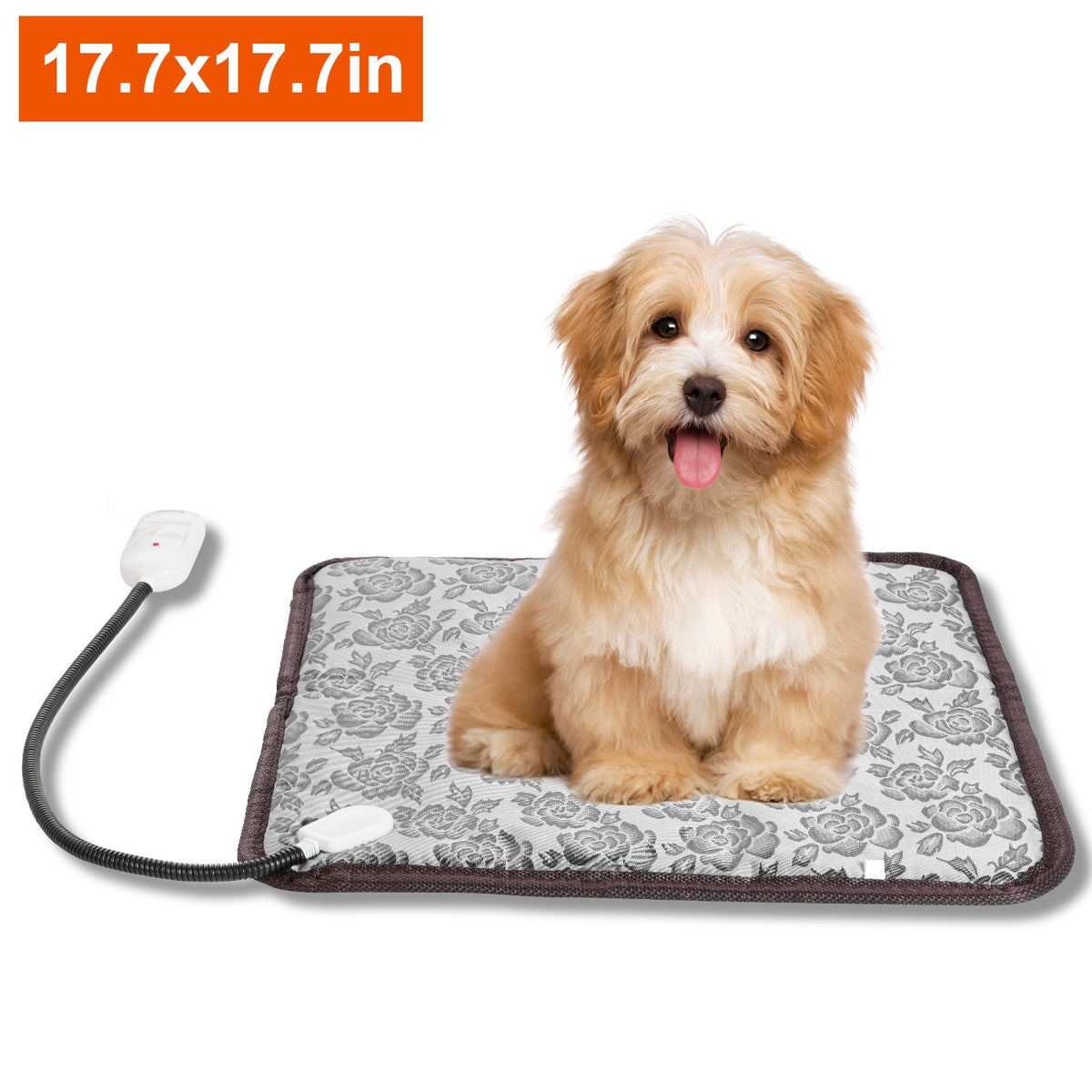 Dog sitting on a patterned heating pad with dimensions 17.7x17.7in.