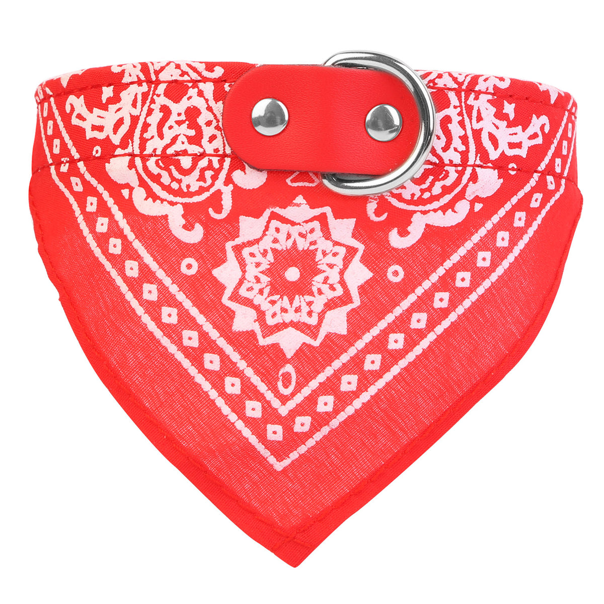 Red bandana with white patterns and a metal buckle on a white background