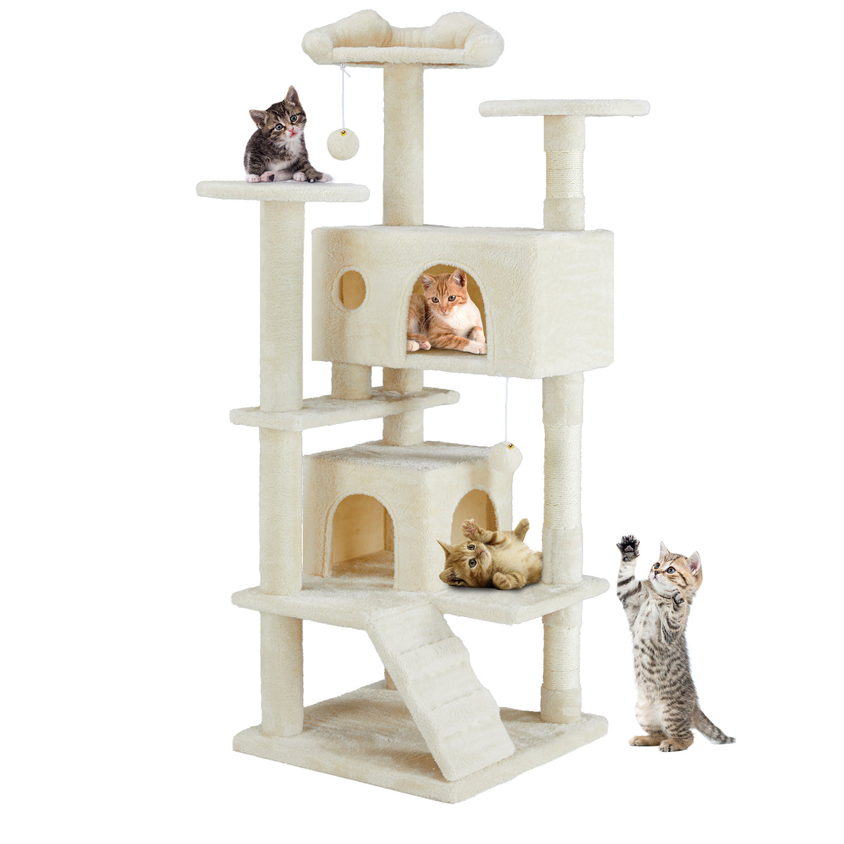 Cat tree with multiple levels and a slide, featuring cats interacting with it on a white background.