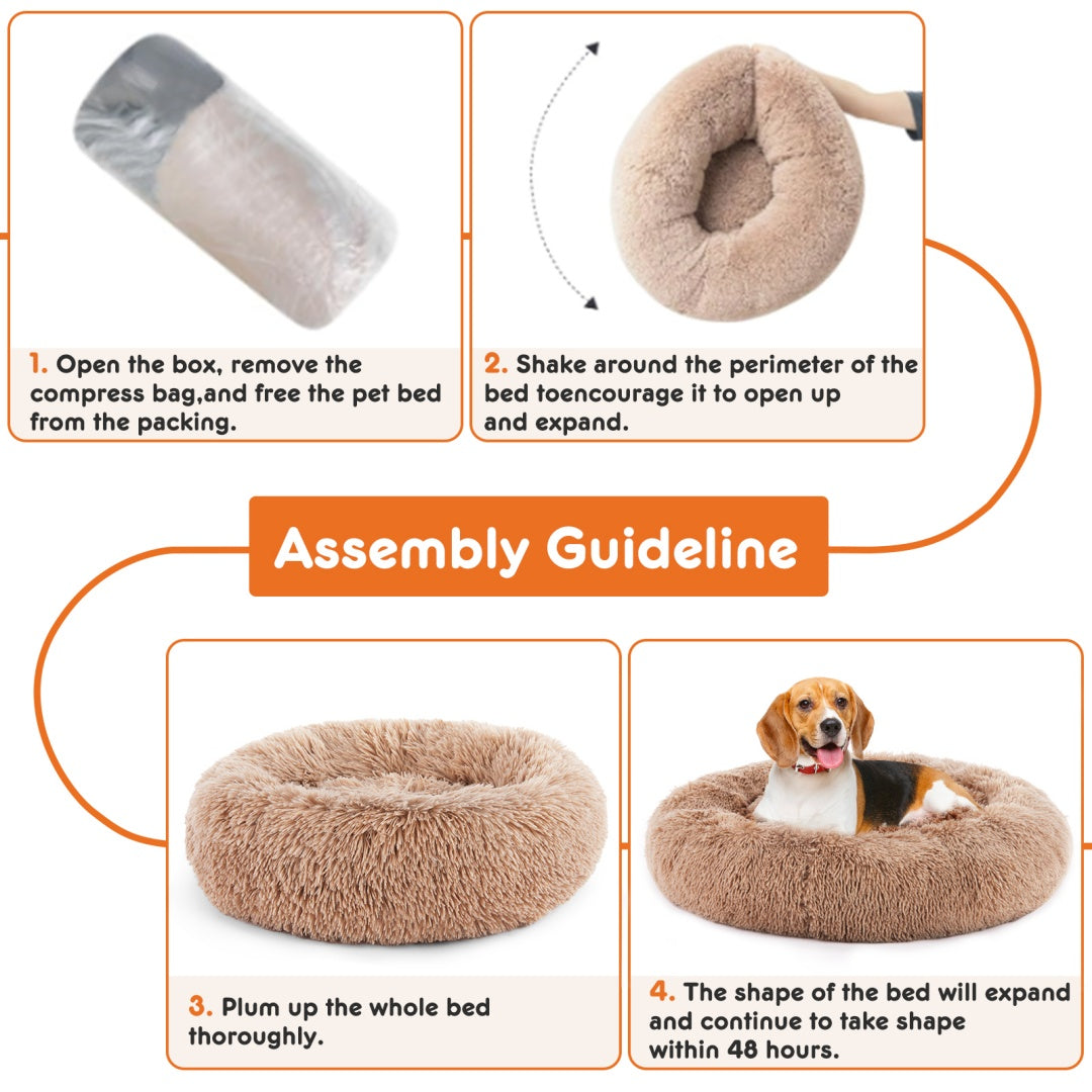 Assembly guideline for a fluffy pet bed with step-by-step instructions.