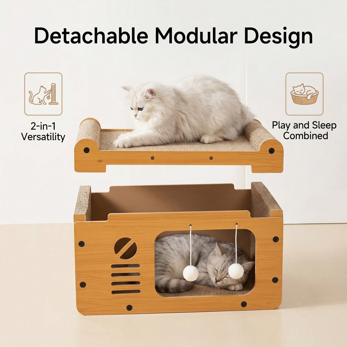 Cat lounging on a detachable modular wooden cat bed with text highlighting features.
