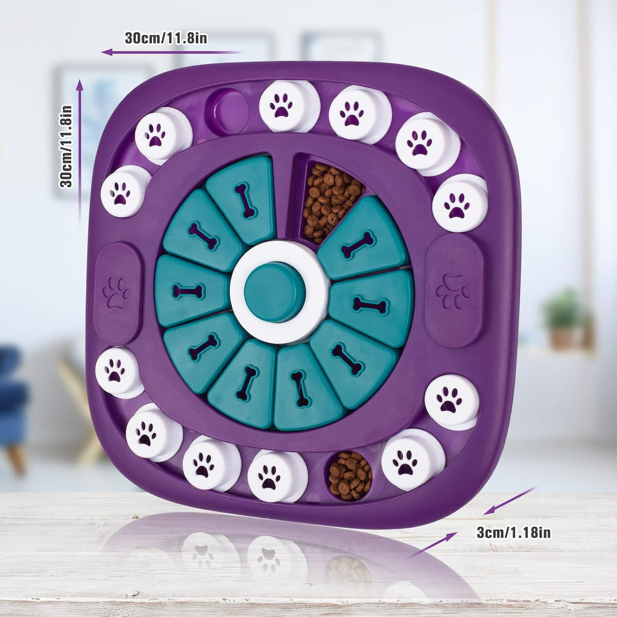 Purple and teal pet puzzle toy with measurements on a white surface