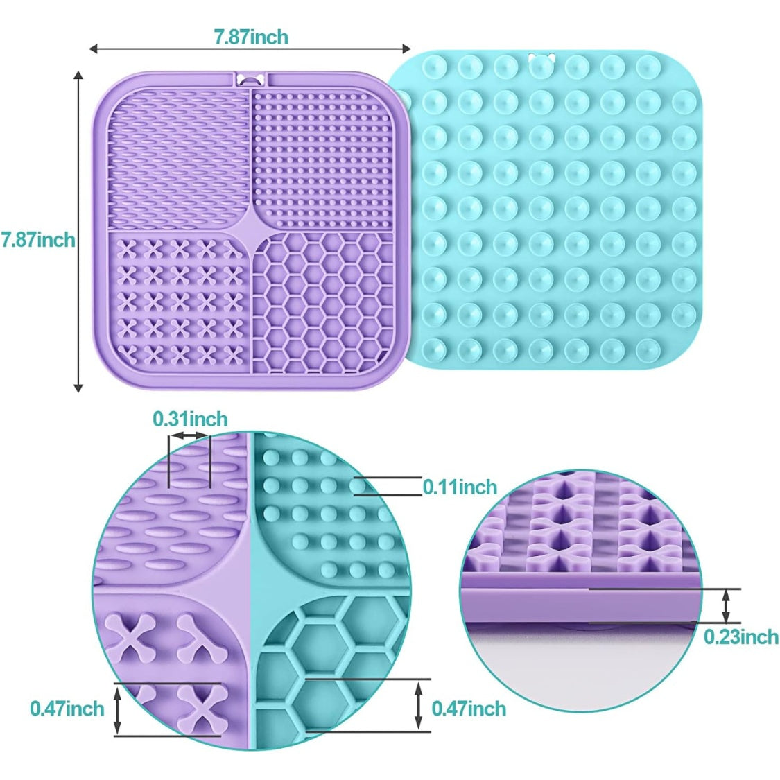 Two silicone mats, one purple and one blue, with measurements and textures shown.