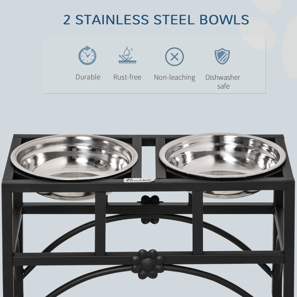 Stainless steel double bowl pet feeder on a black stand with durability and safety features listed.
