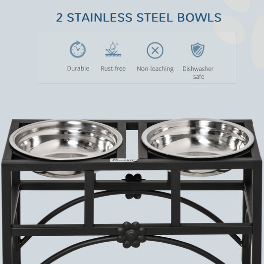 Stainless steel double bowl pet feeder on a black stand with durability and safety features listed.