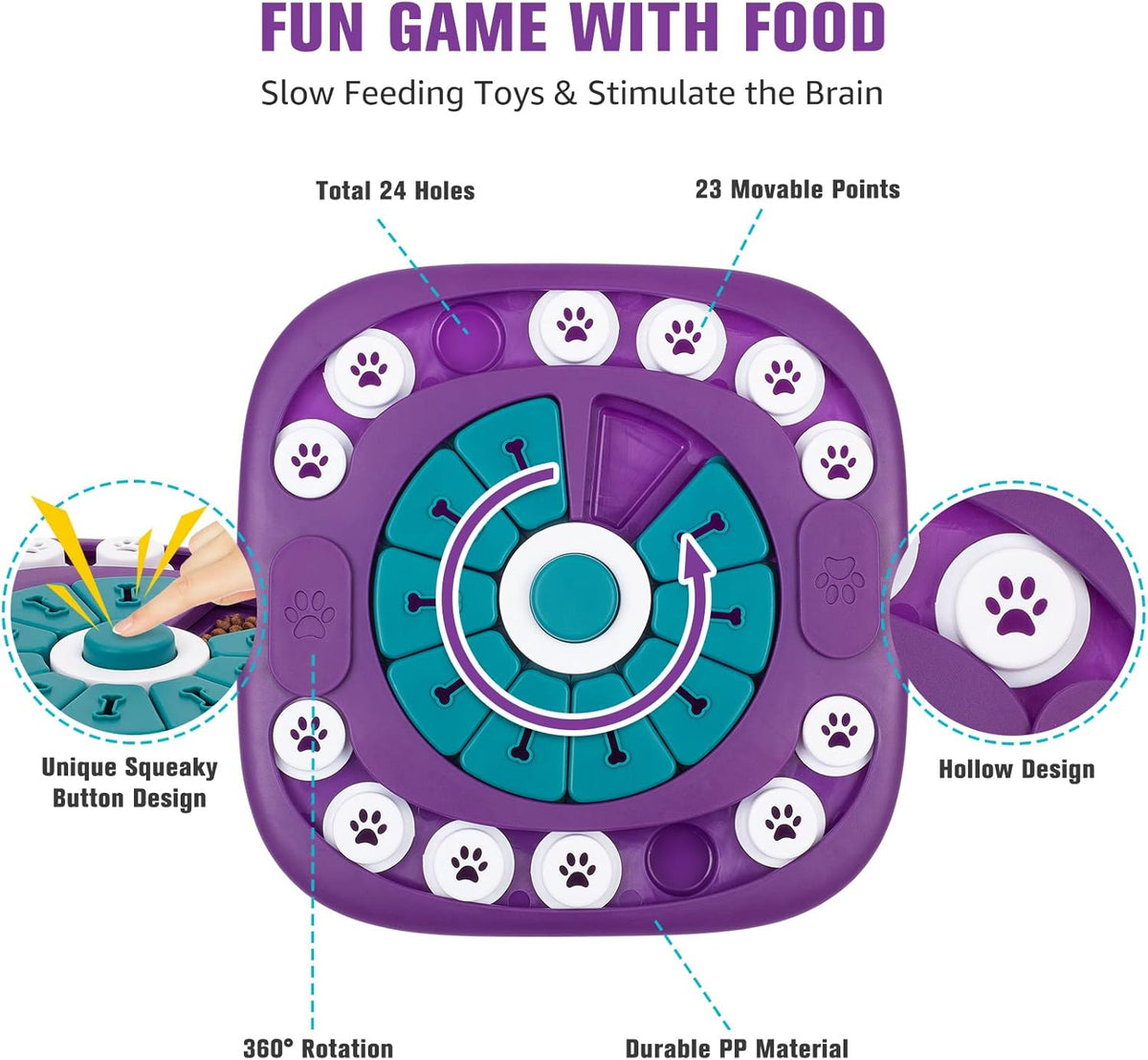 Purple and teal puzzle toy with paw prints and text describing features on a white background