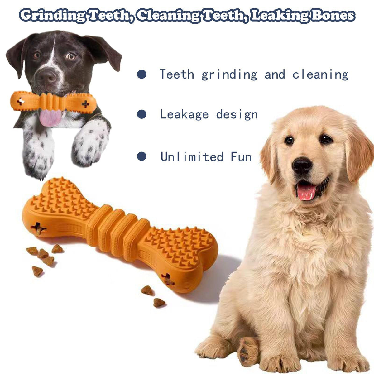 Two dogs with a dog chew toy, featuring text about the toy's features.