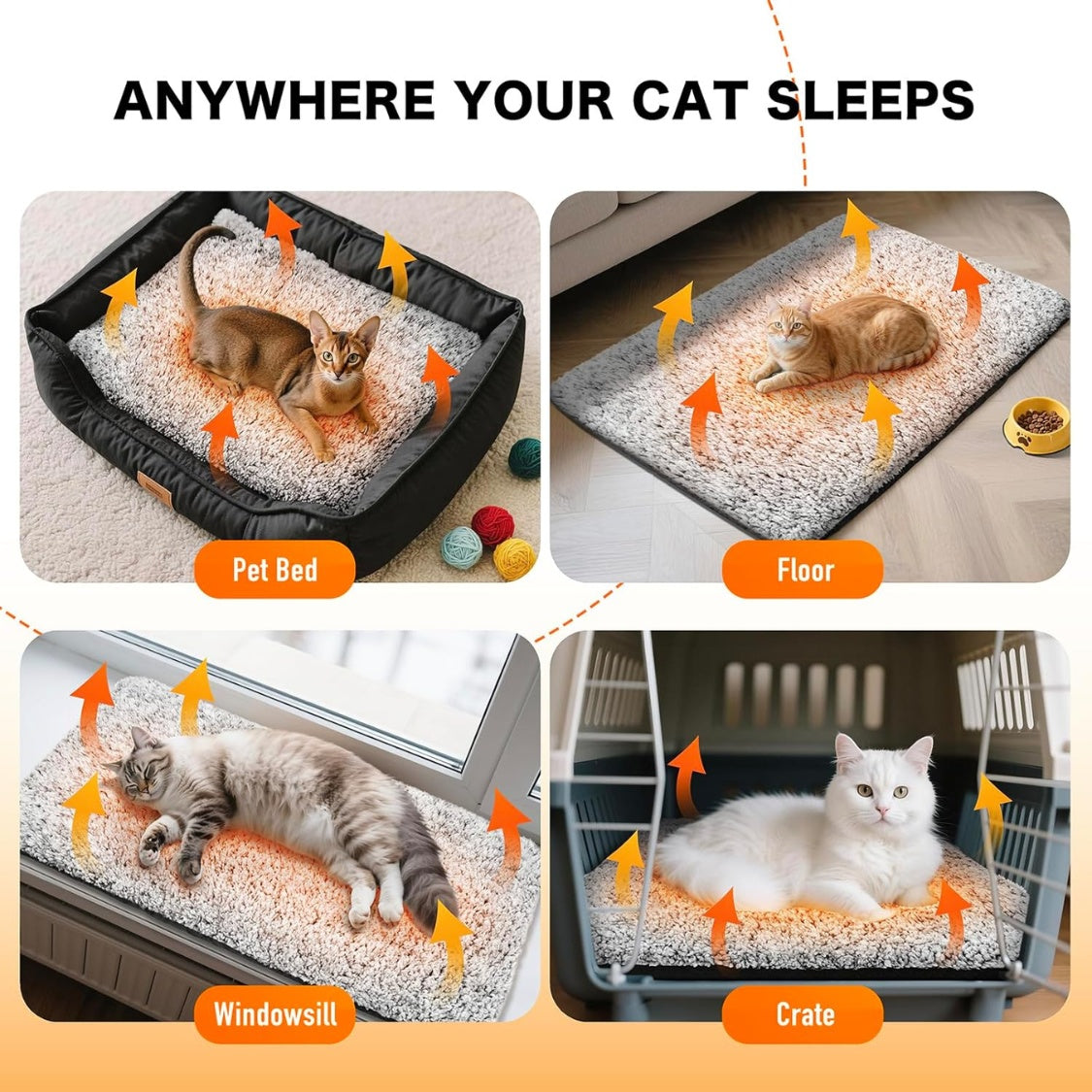 Cat using a pet bed, on the floor, on a windowsill, and in a crate with text 'Anywhere Your Cat Sleeps'.