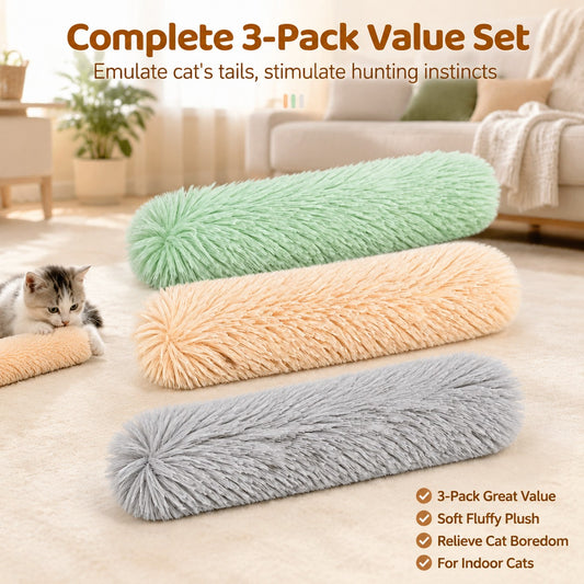 Three fluffy cylindrical cat toys in mint green, peach, and light gray are shown on a beige floor in a living room setting, with a kitten partially visible on the left. Text at the top reads 'Complete 3-Pack Value Set' and there is a list of benefits on the bottom right.