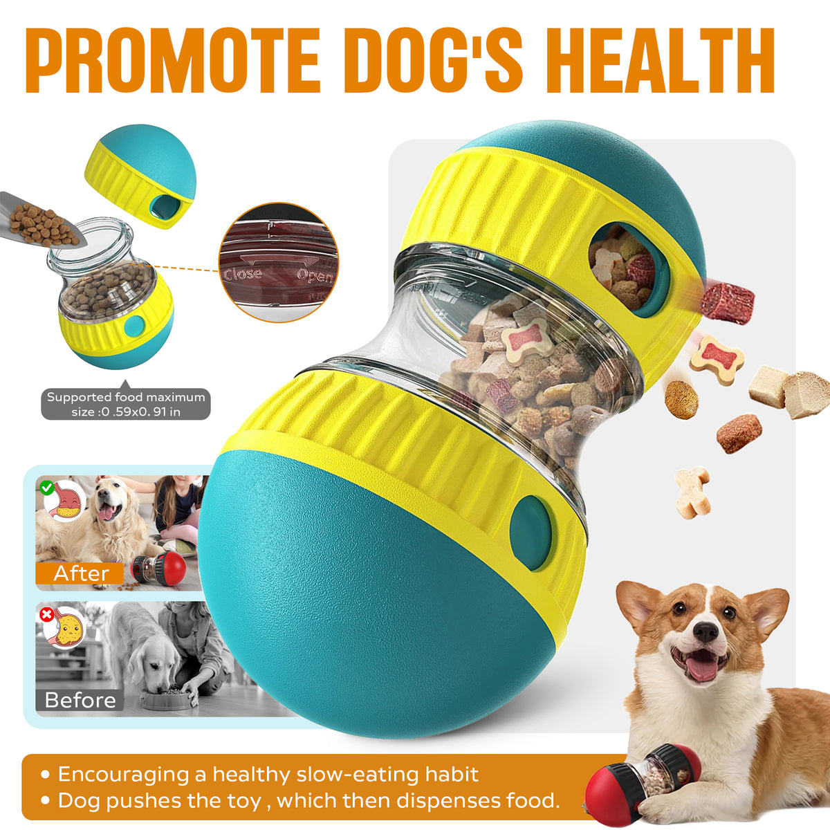 Dog toy with food dispenser promoting healthy eating habits, featuring a dog and text on a white background.
