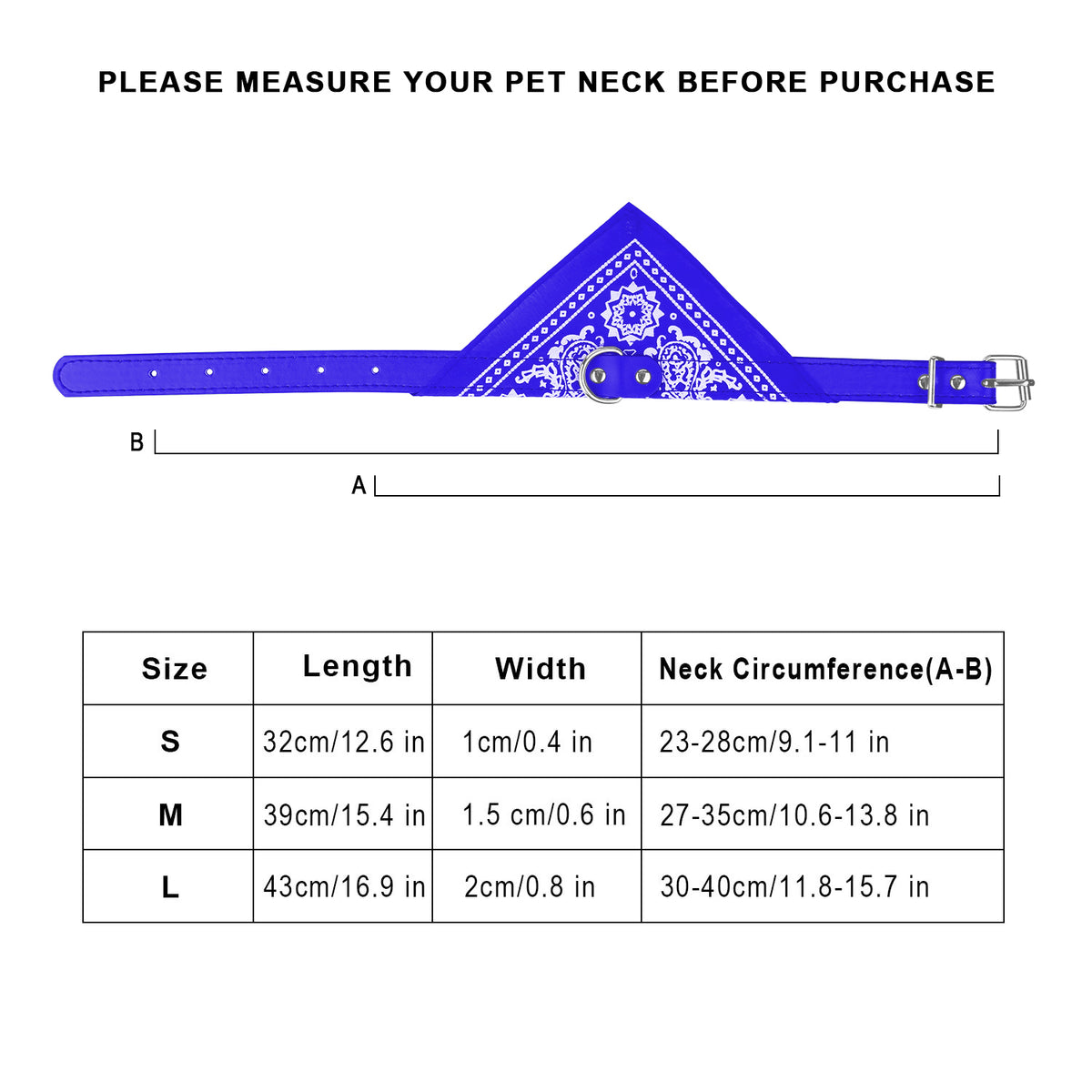 Measurement chart for a blue pet bandana with size guide on a white background