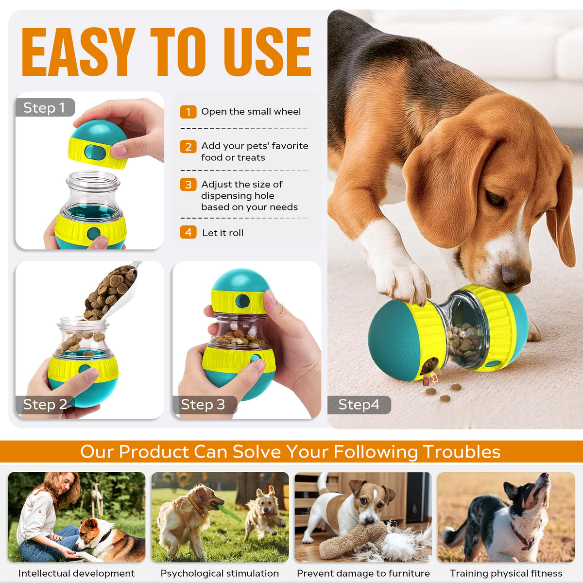 Dog toy with instructions and a dog using it, featuring text about its benefits.