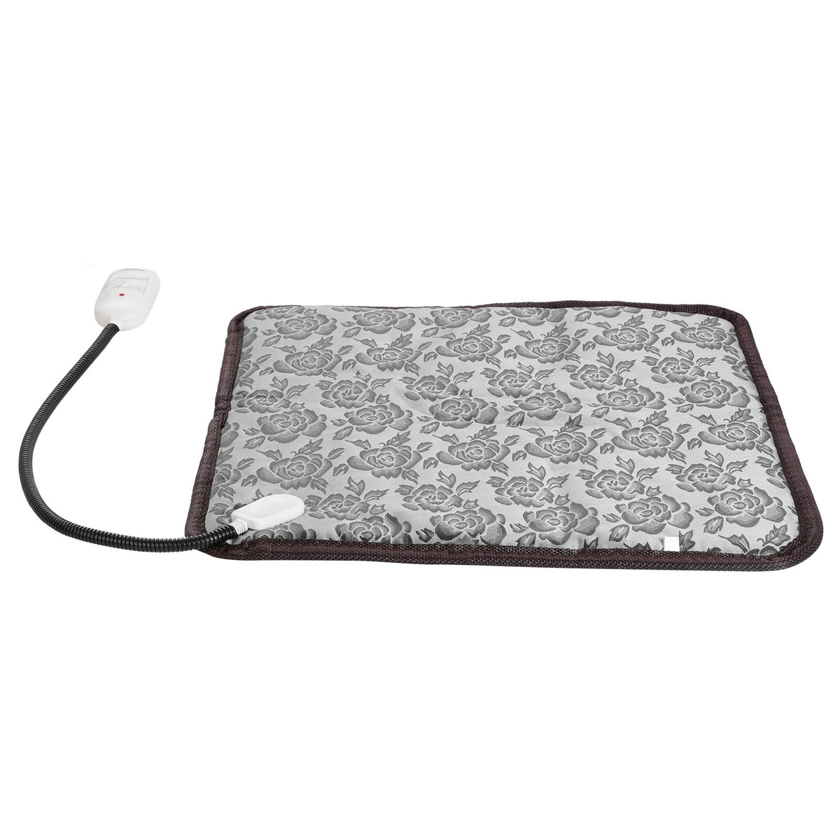 An electric heating pad with a gray and white floral patterned fabric surface, dark brown trim, and an attached black power cord with a white control switch, shown on a plain white background.