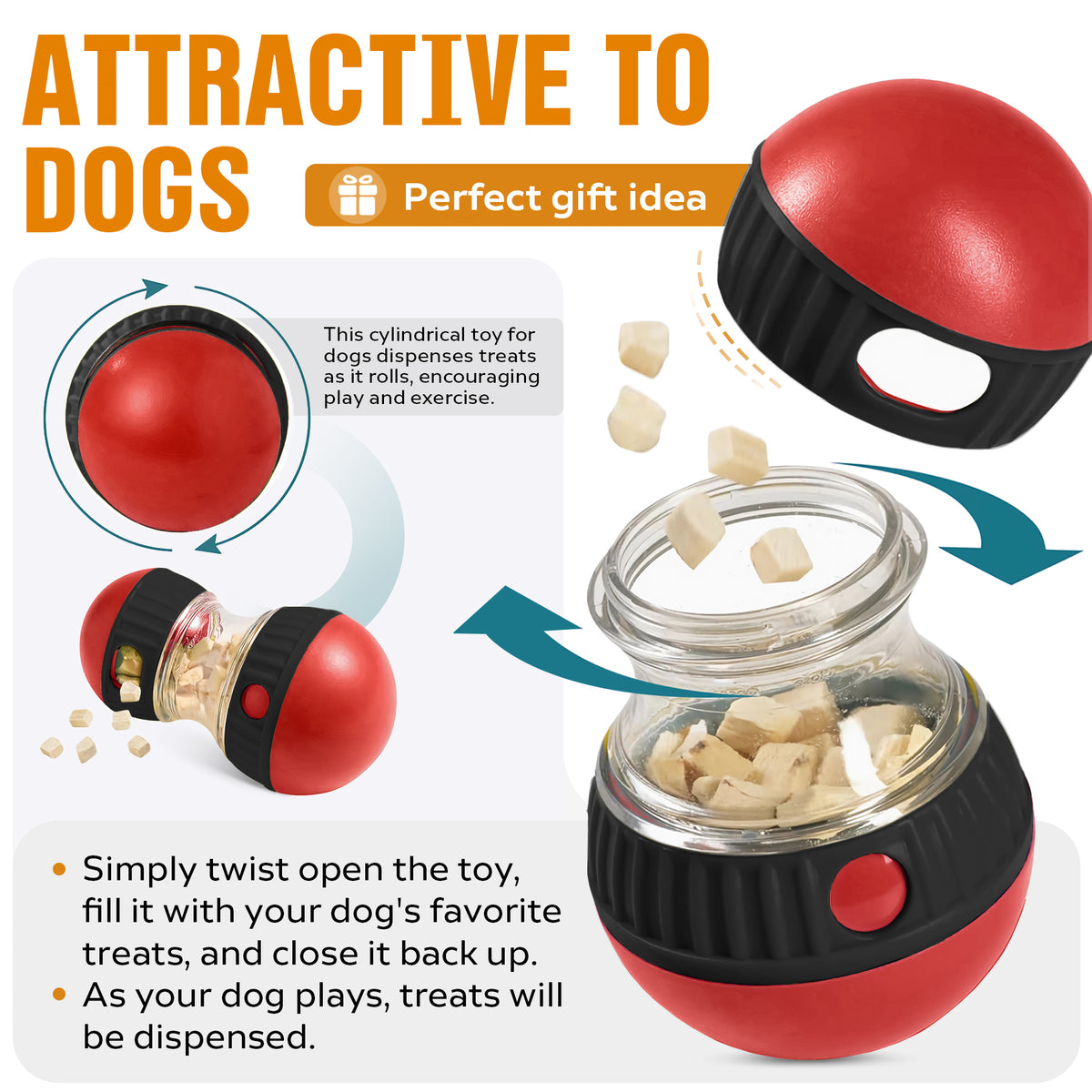 Red and black cylindrical toy for dogs with a jar of treats, showing how treats are dispensed as the toy rolls.