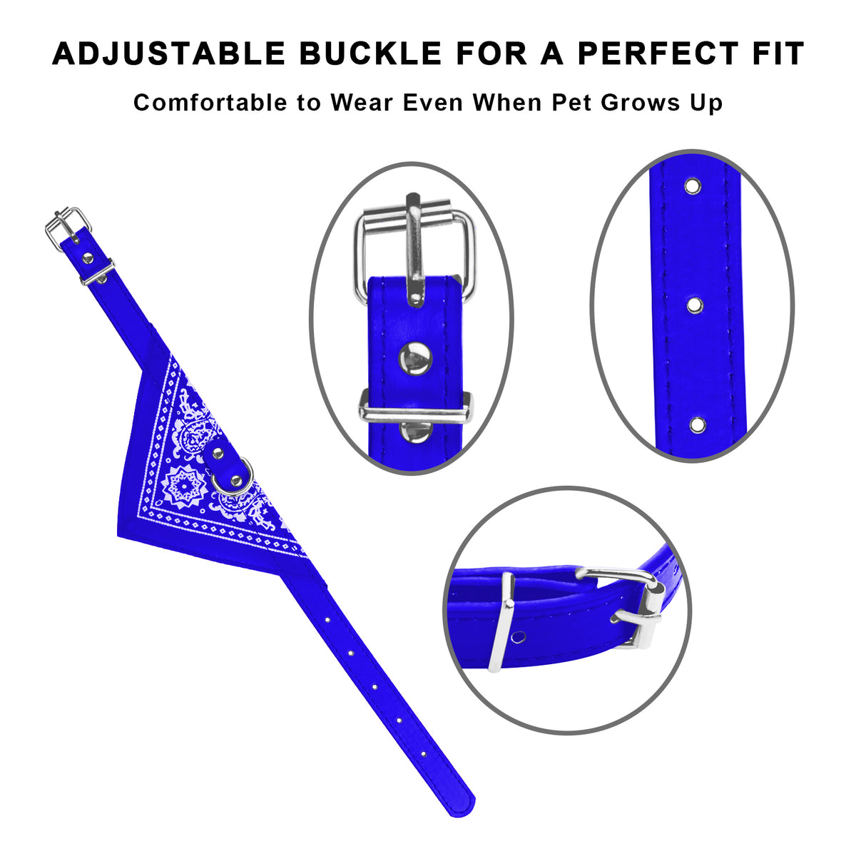 Blue dog bandana with adjustable buckle on a white background