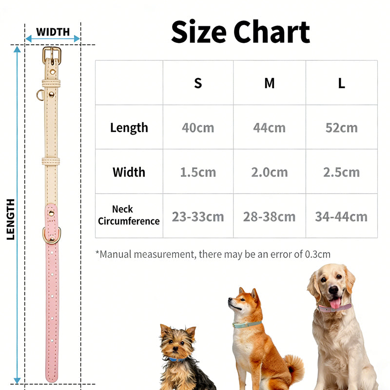 Dog collar size chart with measurements and three dogs wearing collars of different sizes.