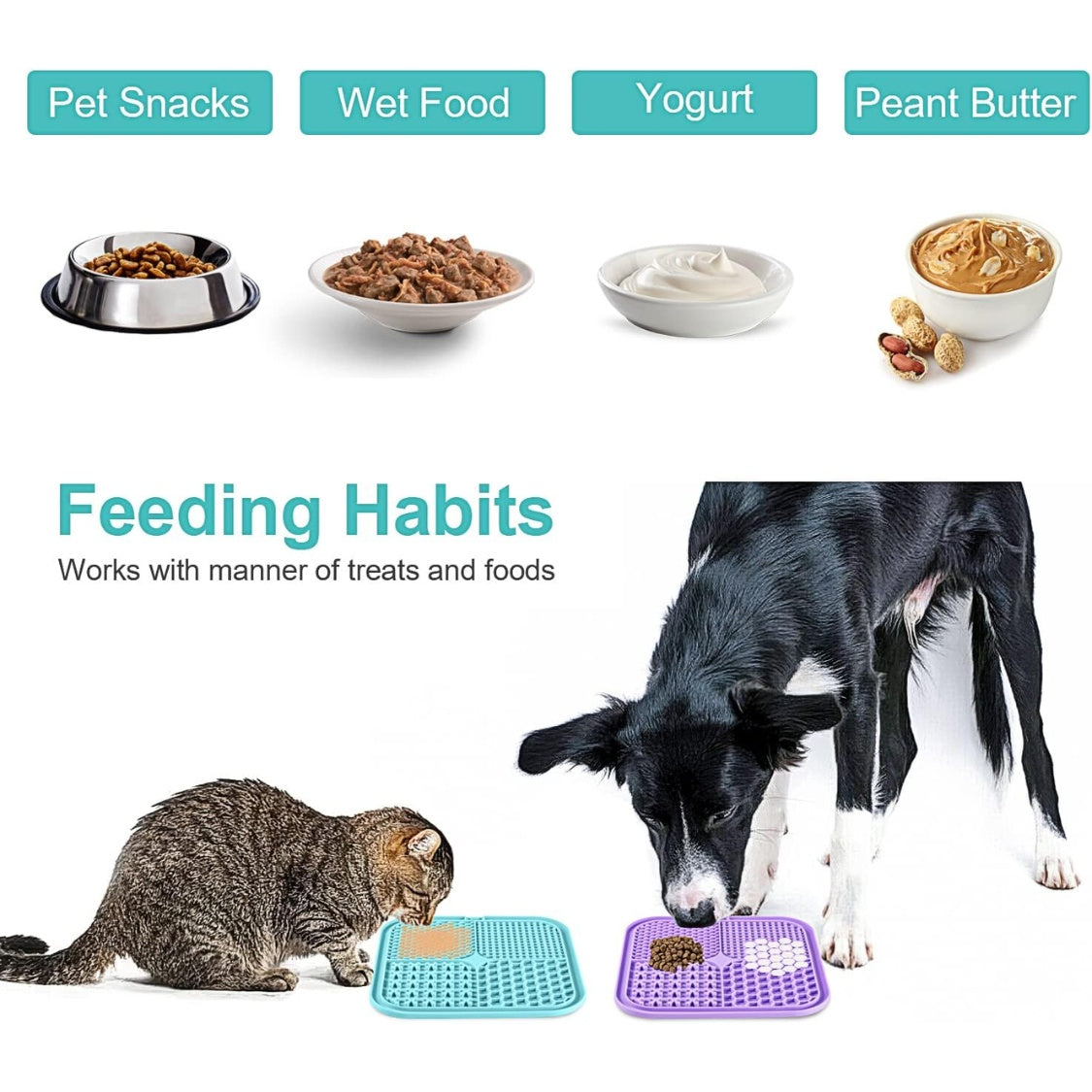 Promotional graphic for pet feeding mats showing a black dog and a tabby cat eating from blue and purple grid mats. The top row shows food categories (Pet Snacks, Wet Food, Yogurt, Peanut Butter) with sample bowls above, and the text 'Feeding Habits' explains the product's use with treats and foods.