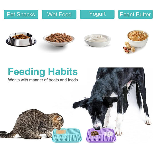 Promotional graphic for pet feeding mats showing a black dog and a tabby cat eating from blue and purple grid mats. The top row shows food categories (Pet Snacks, Wet Food, Yogurt, Peanut Butter) with sample bowls above, and the text 'Feeding Habits' explains the product's use with treats and foods.