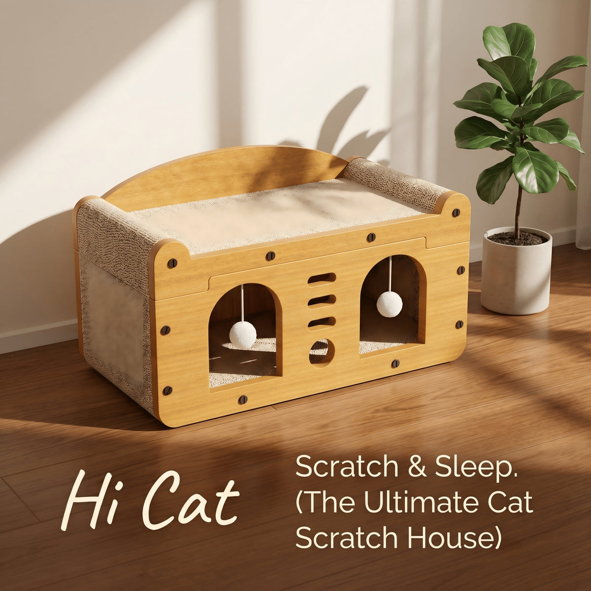 Wooden cat scratch and sleep house with 'Hi Cat' branding on a wooden floor.