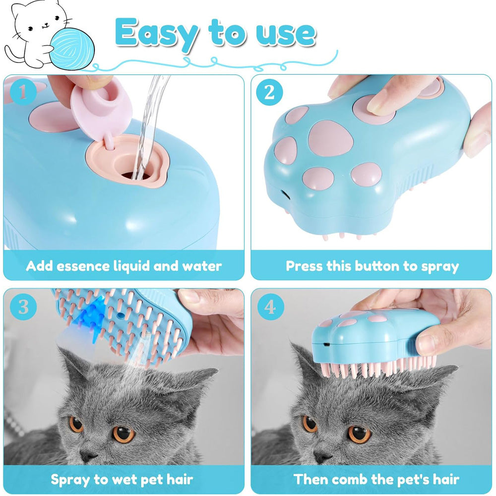 A 4-panel instructional graphic showing how to use a light blue pet hair remover brush on a gray cat. The top header says 'Easy to use' with a small cartoon cat and ball.