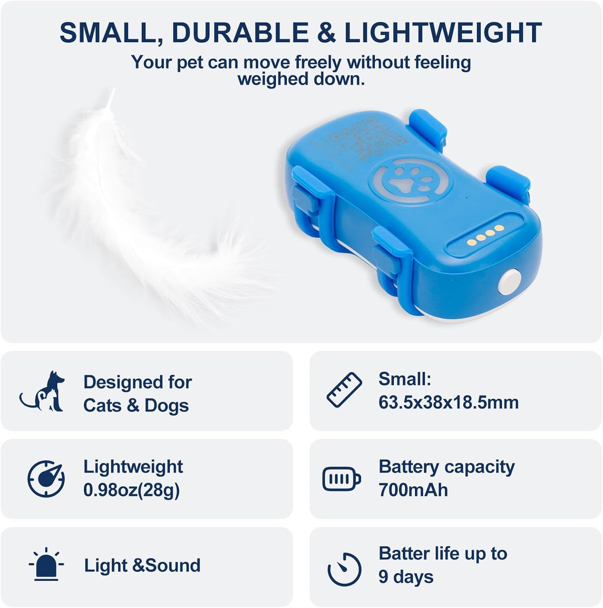 Blue pet tracker with features listed on a white background