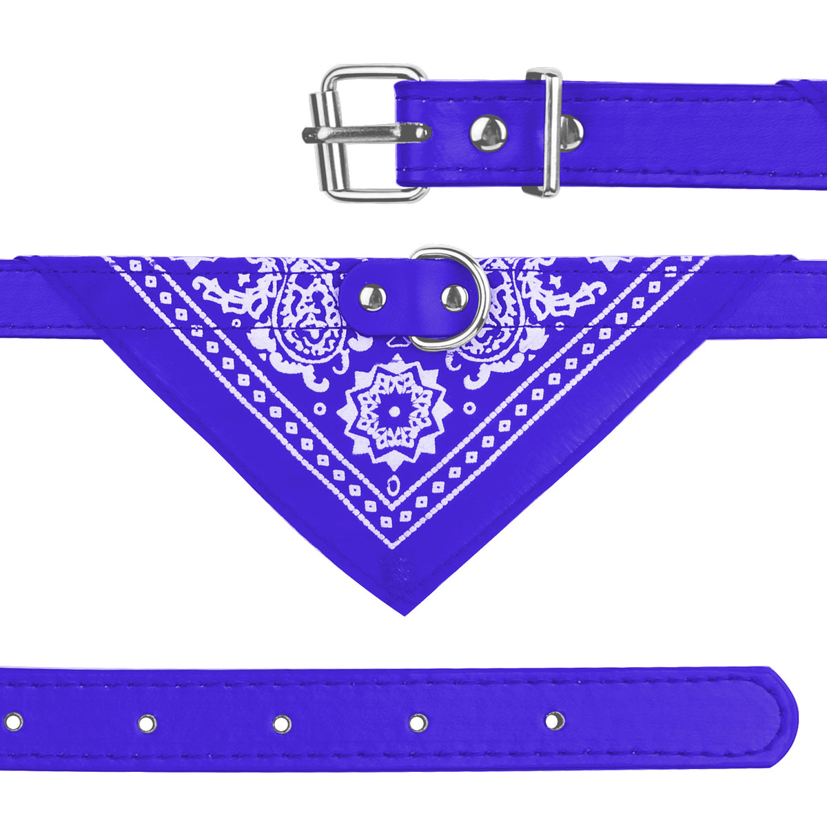 Blue bandana with white patterns and matching belt on a white background